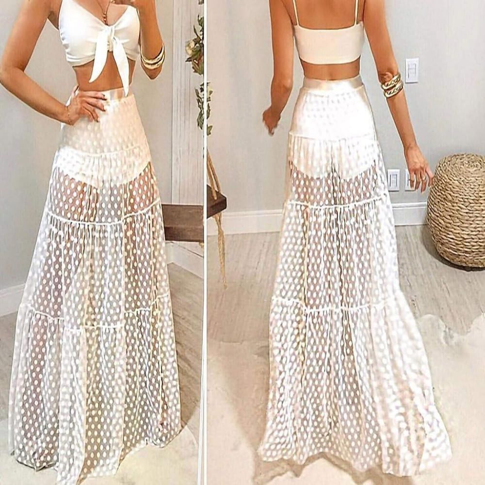 Elegant White Polka Dot Mesh Transparent Skirt Sz X-LARGE - Picture 3 of 5